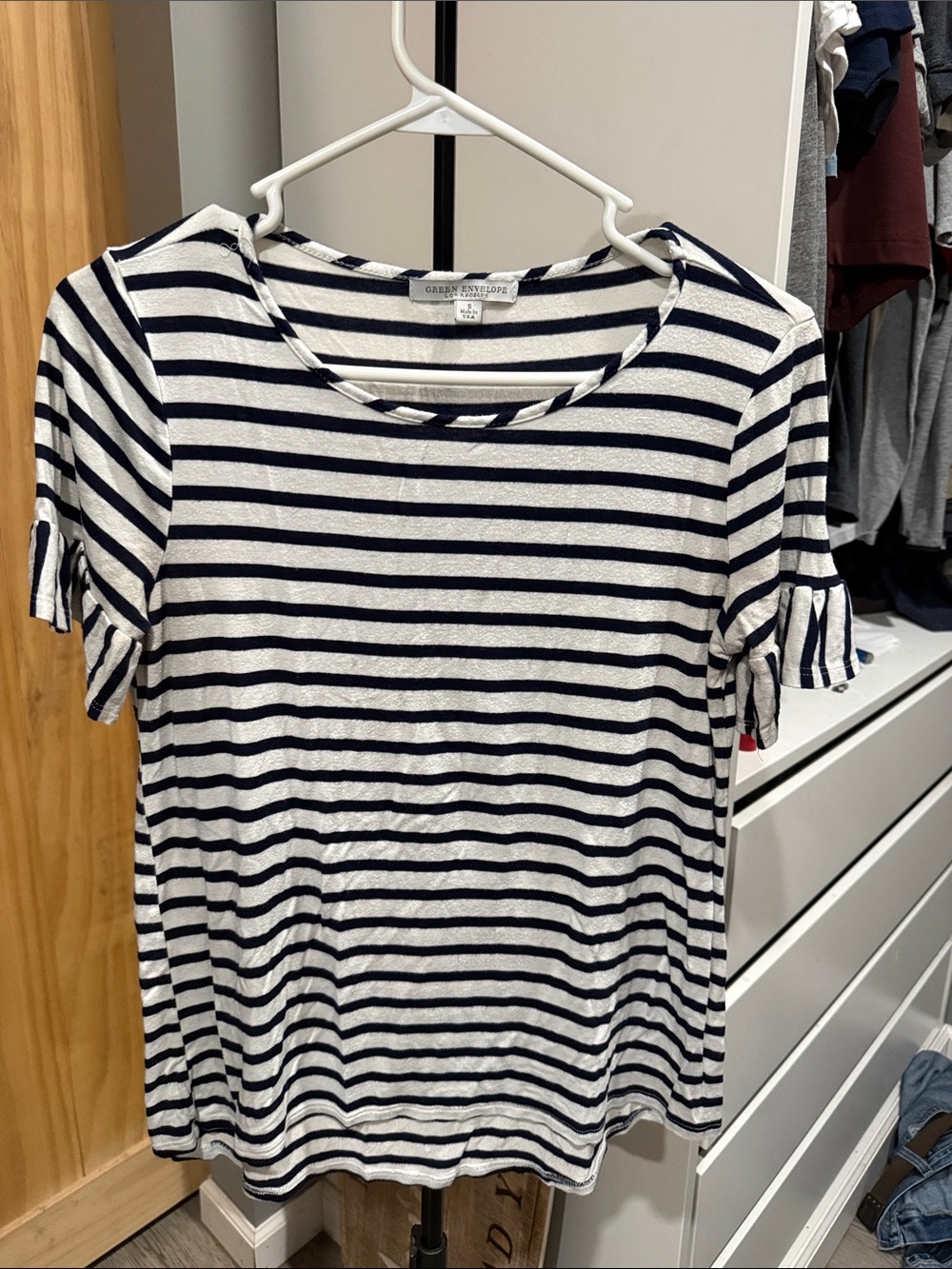 Green Envelope Navy & White Striped Tie-Sleeve Tee